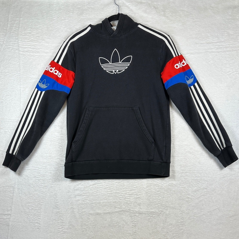 Adidas Hoodie Youth Large Black Trefoil Colorblock Stripes Pullover